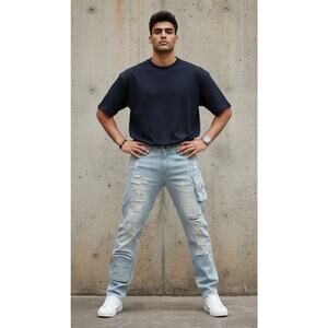 Focus Jeans Men's Light Blue Distressed Cargo Straight Leg Cotton Denim 38x32